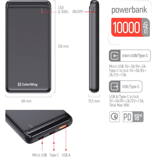 Повербанк COLORWAY Slim PD+QC 10000mAh Black (CW-PB100LPG3BK-PD)