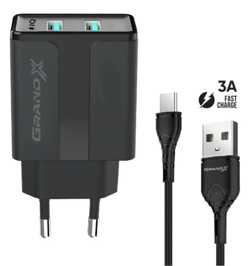 Сетевое зарядное устройство для Grand-X (2xUSB 2.4A) Black (CH-15T)