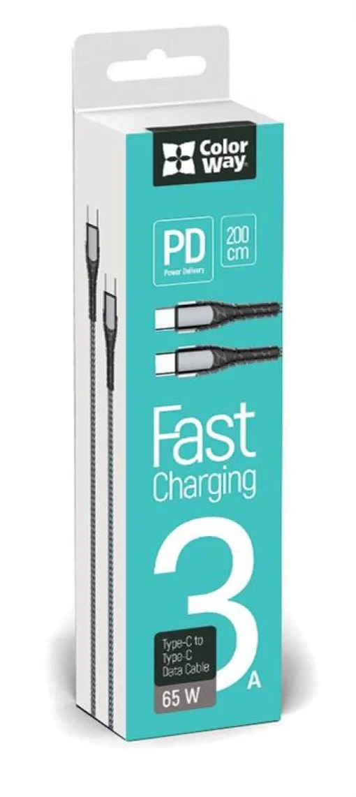 Кабель ColorWay USB Type-C - USB Type-C PD Fast Charging, 3А, 65W, 2м Grey (CW-CBPDCC039-GR)