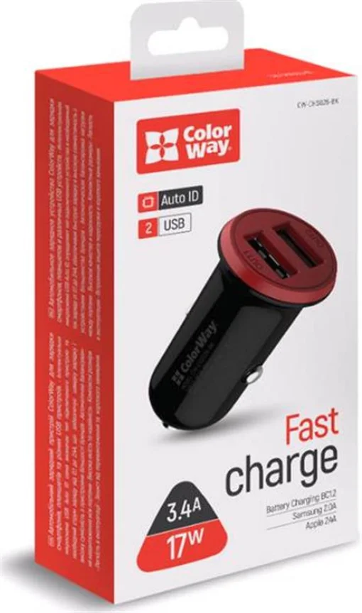 Автомобильное зарядное устройство для ColorWay (2USB,3.4A, 17W) Red/Black (CW-CHA026-BK)