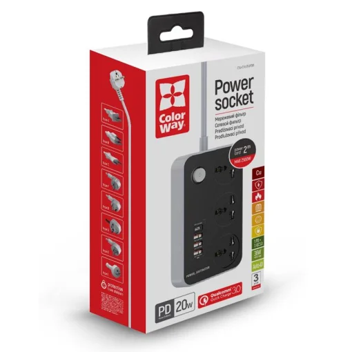 Фильтр питания ColorWay CW-CHU34PDB 3 розетки, 4 USB (Type-C PD20W + 3USB QC3.0), 2 м, черный