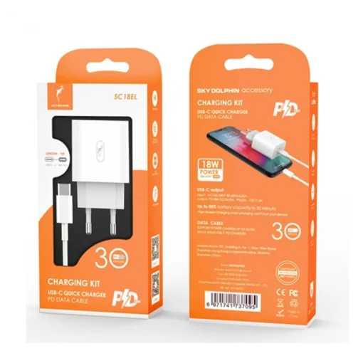 Зарядное устройство для SkyDolphin SC18EL PD2.0 (1USB-С, 3A) White (MZP-000156) + кабель Lightning
