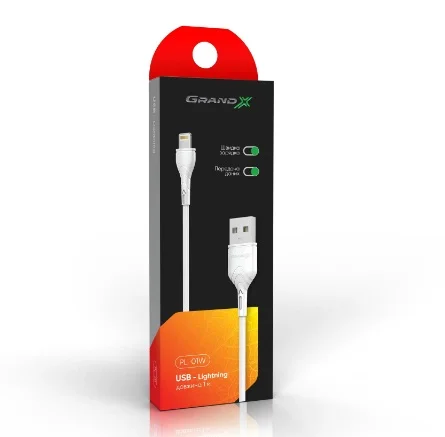 Кабель Grand-X USB-Lightning, 1м, Cu, 2,1A, White (PL01W)
