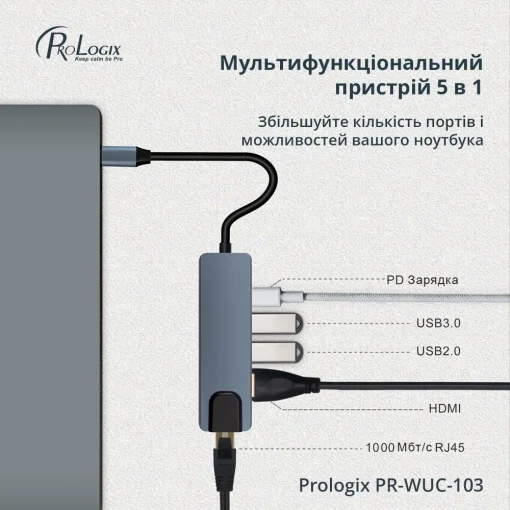 Сетевой адаптер USB-C ProLogix (PR-WUC-103B) 5 in 1 USB3.1 Type C to HDMI+2*USB3.0+USB C PD+Lan
