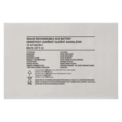 Аккумуляторная батарея Emos B9675 12V 9AH (FAST.6.3 MM) AGM