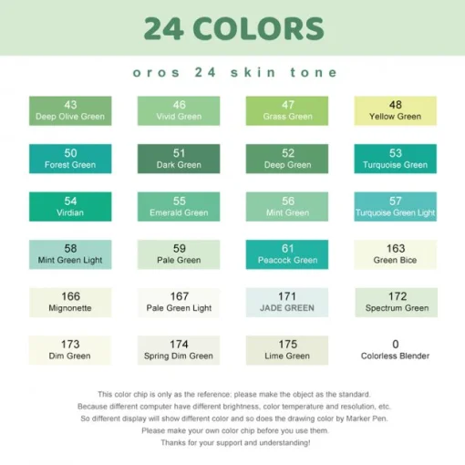 Спиртовые маркеры Arrtx Oros ASM-03GN 24 цвета, зеленые оттенки (LC302512)