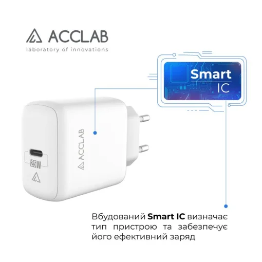 Зарядний пристрій ACCLAB AL-TC125 1xUSB-C, QC3.0, PD3.0 Wall Charger White