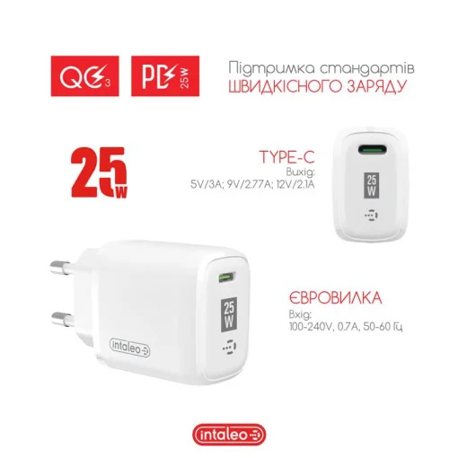 Сетевое зарядное устройство для Intaleo TCGQPD125 (1USBx3A) White (1283126538827)