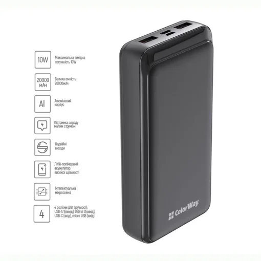 Повербанк COLORWAY Slim 20000mAh Black (CW-PB200LPD2BK)