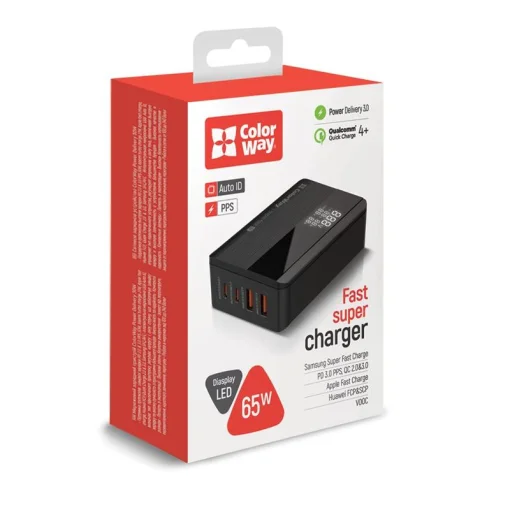 Сетевое зарядное устройство для ColorWay Power Delivery (2USB-A + 2USB TYPE-C) (65W) Black (CW-CHS040PD-BK)