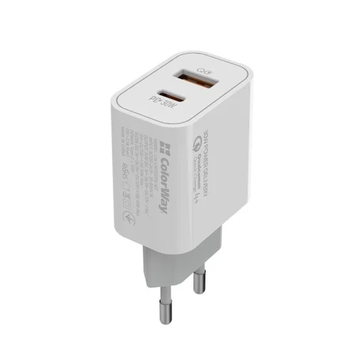 Сетевое зарядное устройство для ColorWay Power Delivery Port PPS (Type-C PD + USB QC3.0) (30W) White (CW-CHS037PD-WT)