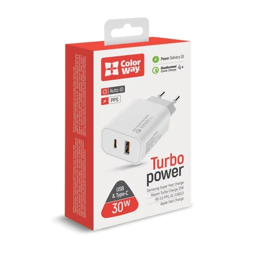 Сетевое зарядное устройство для ColorWay Power Delivery Port PPS (Type-C PD + USB QC3.0) (30W) White (CW-CHS037PD-WT)