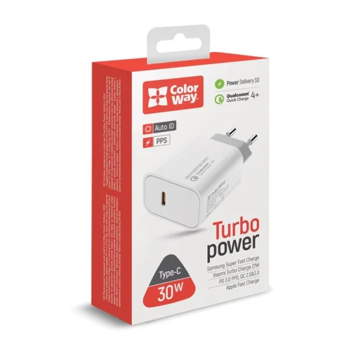 Сетевое зарядное устройство ColorWay Power Delivery Port PPS USB Type-C (30W) White (CW-CHS038PD-WT)