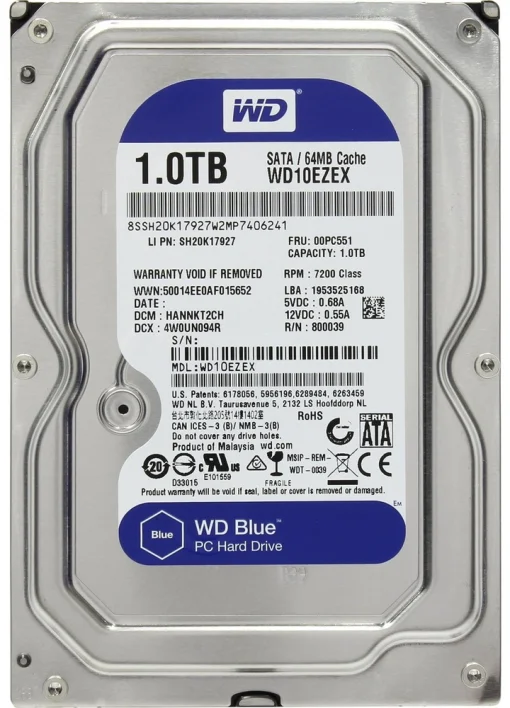 Накопитель HDD SATA 1.0TB WD Blue 7200rpm 64MB (WD10EZEX)