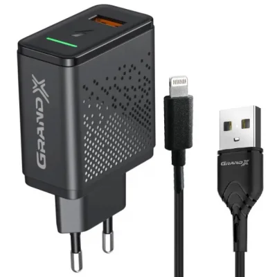 Сетевое зарядное устройство для Grand-X Quick Charge 3.0 (1хUSB, 18W) Black + кабель USB-Lightning Black (CH-650L)