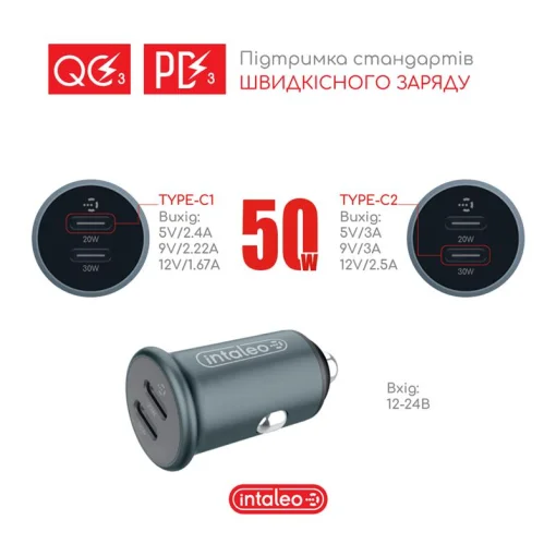 Автомобильное зарядное устройство для Intaleo CCGQPD250 (2USB, 3A) Grey (1283126559518)