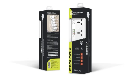 Фильтр питания ProLogix Premium (PR-SC5415W) 5 розеток, 4 USB (1 PD+1 QC3.0+2 AUTO ID), 2 м, белый
