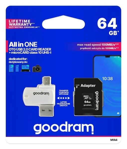 Карта памяти MicroSDXC 64GB UHS-I Class 10 GOODRAM + SD-adapter + OTG Card reader (M1A4-0640R12)