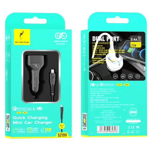 Автомобильное зарядное устройство для SkyDolphin SZ19V PD 20W + QC3.0 20W Black (AZP-000105) + кабель microUSB