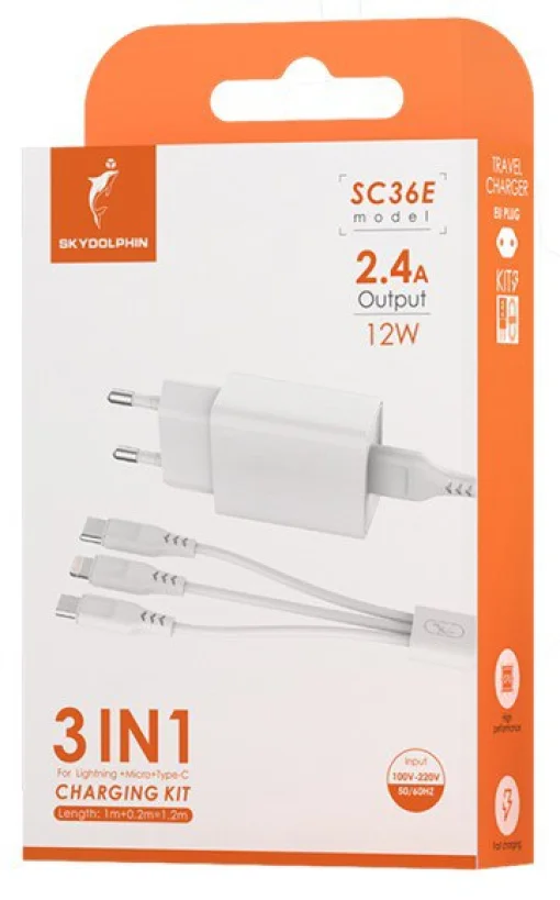 Сетевое зарядное устройство для SkyDolphin SC36E (1USBx2.4A) White (MZP-000187) + кабель Lightning/Type-C/MicroUSB