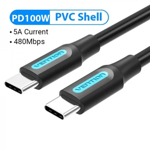 Кабель Vention USB Type-C - USB Type-C (M/M), TPE Round PD 100W, 5A, 1.5м, Black (COTBG)