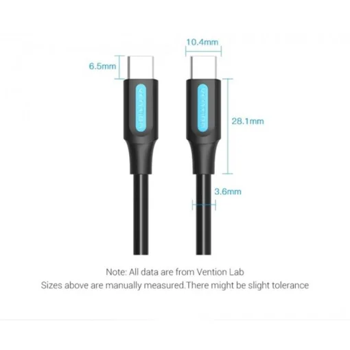 Кабель Vention USB Type-C - USB Type-C (M/M), TPE Round PD 60W, 3A, 1м, Black (COSBF)