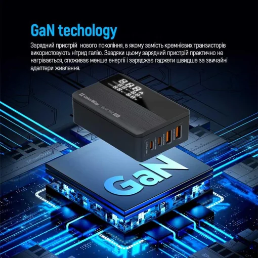 Сетевое зарядное устройство для ColorWay Power Delivery GaN (2USB-A + 2USB TYPE-C) (100W) Black (CW-CHS041PD-BK)