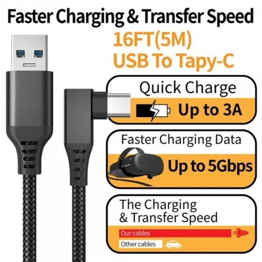 Кабель Type-C-Type-C Gtwin 90° Decules Oculus Quest Gen2 Link VR USB 3.1 Gen1 5Gbps 3A 5m Black (1005003912229640U5B)