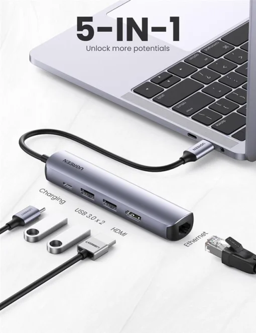 Концентратор USB Type-C Ugreen CM418 2xUSB 3.0+HDMI+RJ45 1000M Ethernet, Gray (10919)