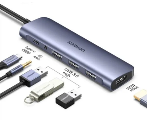 Концентратор USB Type-C Ugreen CM136 3xUSB 3.0+HDMI+3.5 мм, Gray (80132)
