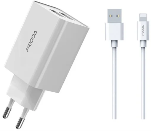 Сетевое зарядное устройство для Proda PD-A28i (2USB 2.4A) White (PD-A28i-WH) + кабель Ligthtning