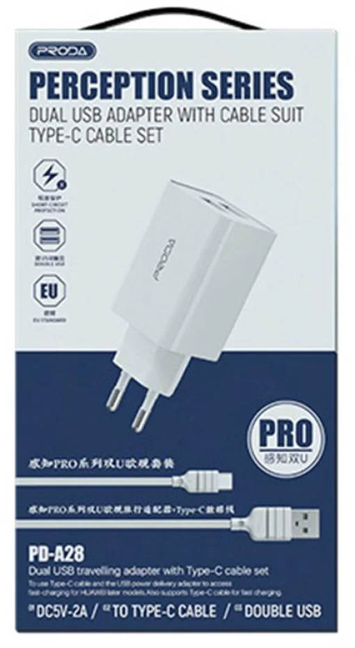 Сетевое зарядное устройство для Proda PD-A28i (2USB 2.4A) White (PD-A28i-WH) + кабель Ligthtning