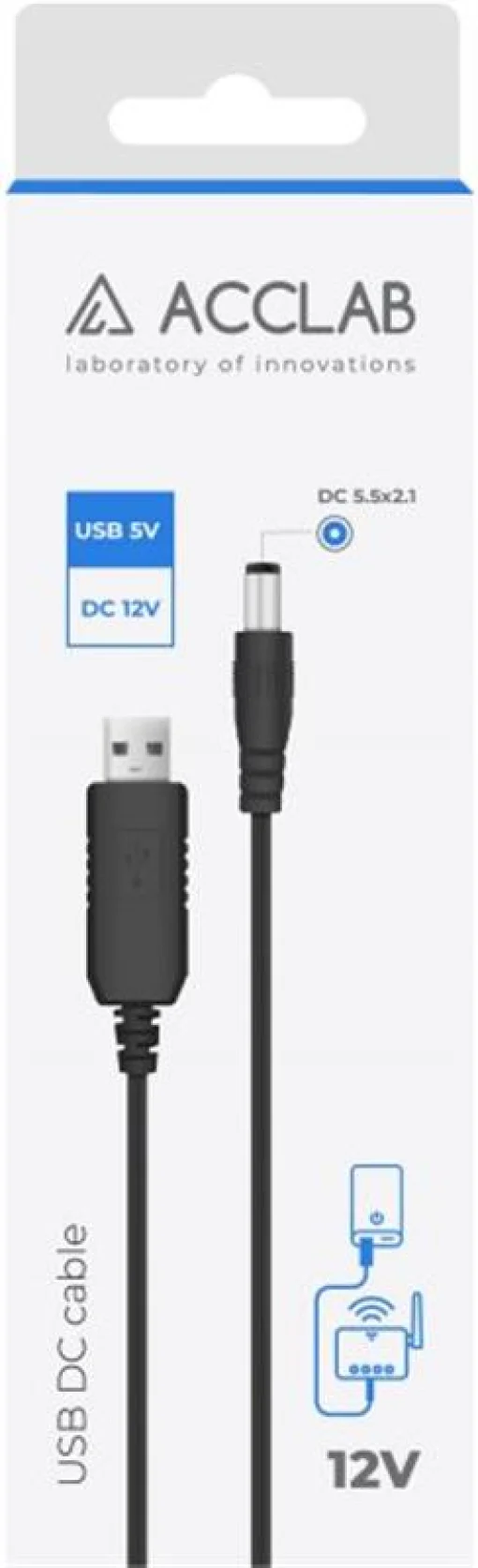 Кабель живлення ACCLAB USB to DC, 5,5х2,1 мм, 12V, 1A, 1 м Black (1283126565120)