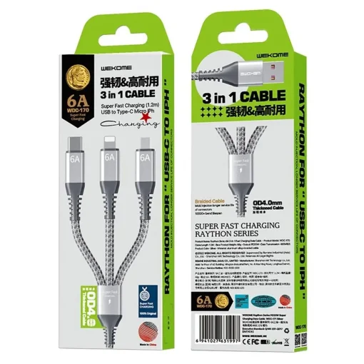 Кабель WK WDC-170 Raython 3-in-1 Lightning-MicroUSB-Type-C 6A, 1.2м Black (6941027631980)