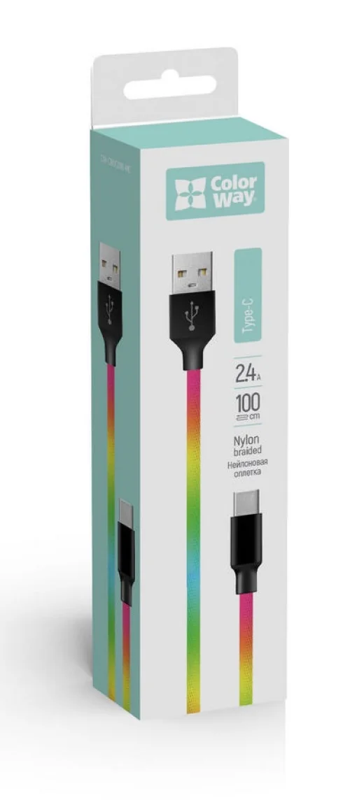 Кабель ColorWay USB-USB Type-C, 2.4А, 1м, Multicolor (CW-CBUC018-MC)