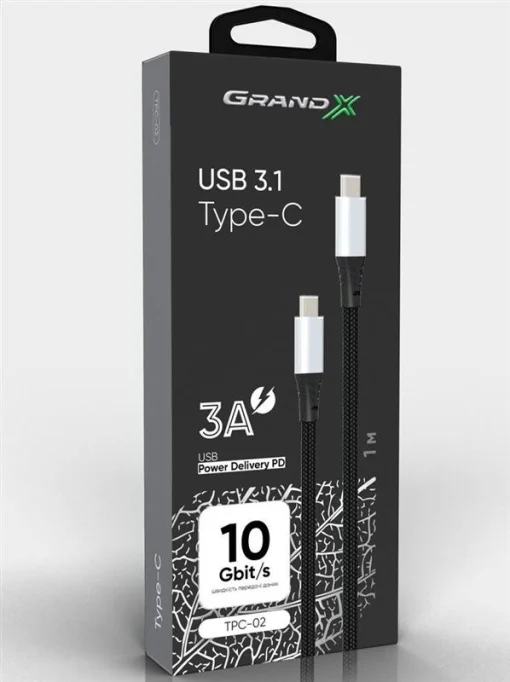 Кабель Grand-X USB Type-C - USB Type-C, Power Delivery, 65W, 1м, Black (TPC-02)