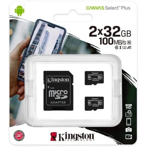 Карта памяти MicroSDHC 2x32GB UHS-I Class 10 Kingston Canvas Select Plus R100MB/s + SD-адаптер (SDCS2/32GB-2P1A)