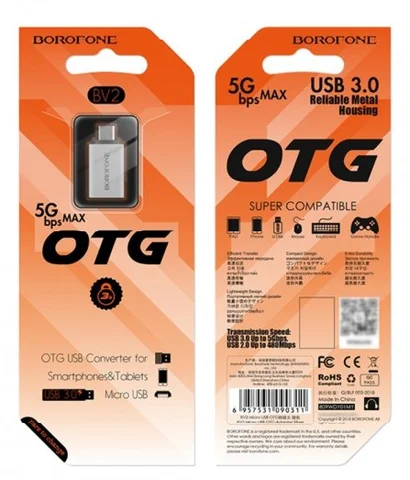 Адаптер Borofone BV2 USB - micro USB (F/M), серебристый (BV2S)