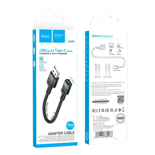 Кабель Hoco U107 USB - Type-C V 2.0 (M/F), 0.1 м, черный (U107U2CB)