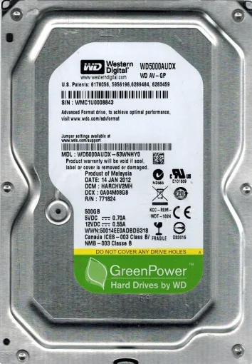 Накопитель HDD SATA 500GB WD AV-GP 32MB (WD5000AUDX) Refurbished