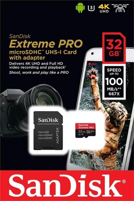 Карта памяти MicroSDHC 32GB UHS-I/U3 Class 10 SanDisk Extreme Pro A1 + SD-адаптер R100/W90MB/s (SDSQXCG-032G-GN6MA)