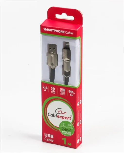 Кабель Cablexpert (CCPB-ML-USB-05BK) USB 2.0 BM - Lightning + microUSB, премиум, плоский, 1м, черный
