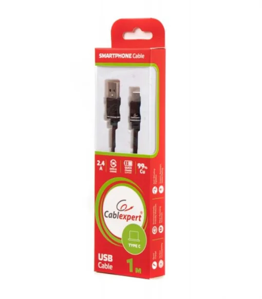 Кабель Cablexpert (CCPB-C-USB-10BK) USB 2.0 A - USB Type-C, преміум, плоский, 2.4А, 1м, чорний