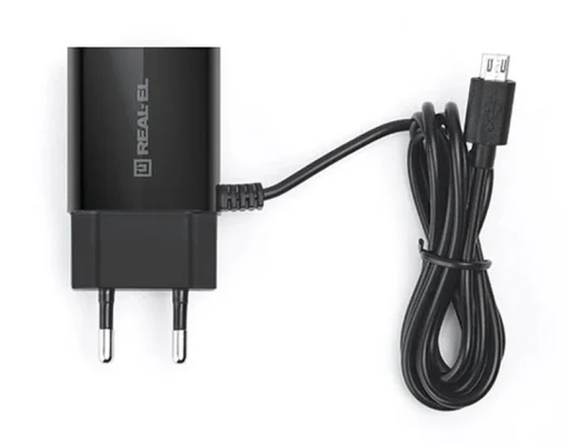 Мережевий зарядний пристрій REAL-EL CH-215 (2USB, 2.1A) Black + кабель microUSB