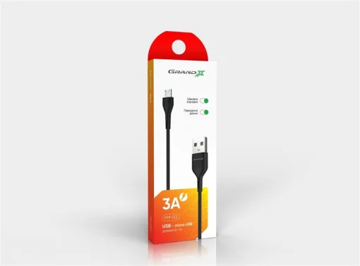Кабель Grand-X USB-microUSB, Cu, 3A, 1м, Fast Сharge, Black (PM-03B)