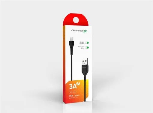 Кабель Grand-X USB-USB Тип C, Cu, 3A, 1м, Fast Сharge, Black (PC-03B)