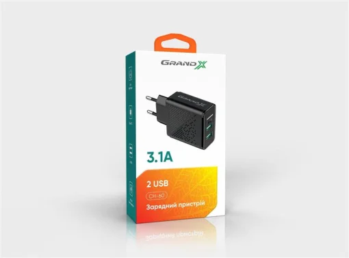 Сетевое зарядное устройство для Grand-X (2xUSB 3.1А) Black (CH-60)