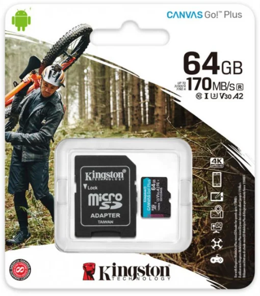 Карта памяти MicroSDXC 64GB UHS-I/U3 Class 10 Kingston Canvas Go! Plus R170/W70MB/s + SD-адаптер (SDCG3/64GB)