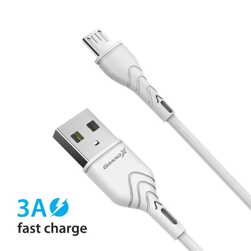 Кабель Grand-X USB-microUSB, Cu, 3A, 1м, Fast Сharge, White(PM-03W)
