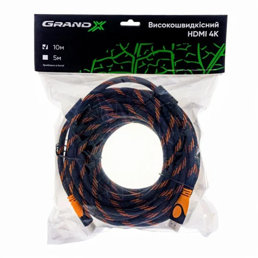 Кабель Grand-X (HDN10-4K) HDMI-HDMI, 4K, Cu, нейлон. оплетки, 10м
